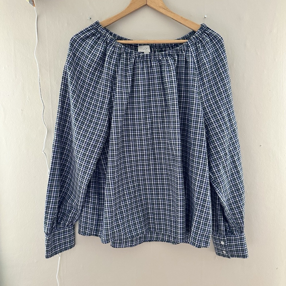 Loft Womens Plaid Blouse Size L Blue Round Neck Pleated Office Workwear